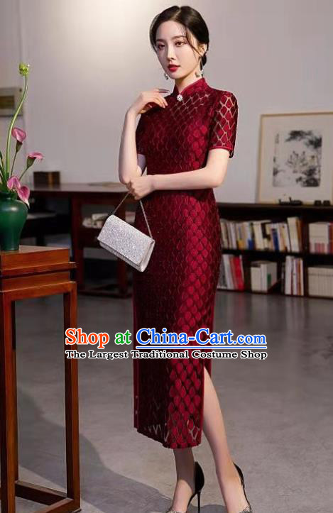 Chinese Modern Wine Red Cheongsam Traditional Wedding Bride Qipao Dress Clothing