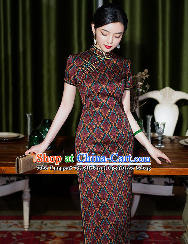 Chinese National Modern Cheongsam Party Compere Clothing Traditional Wine Red Qipao Dress