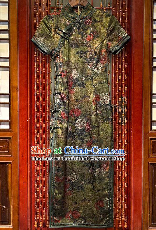 Chinese Stage Show Clothing Traditional Silk Qipao National Printing Peony Olive Green Cheongsam Dress
