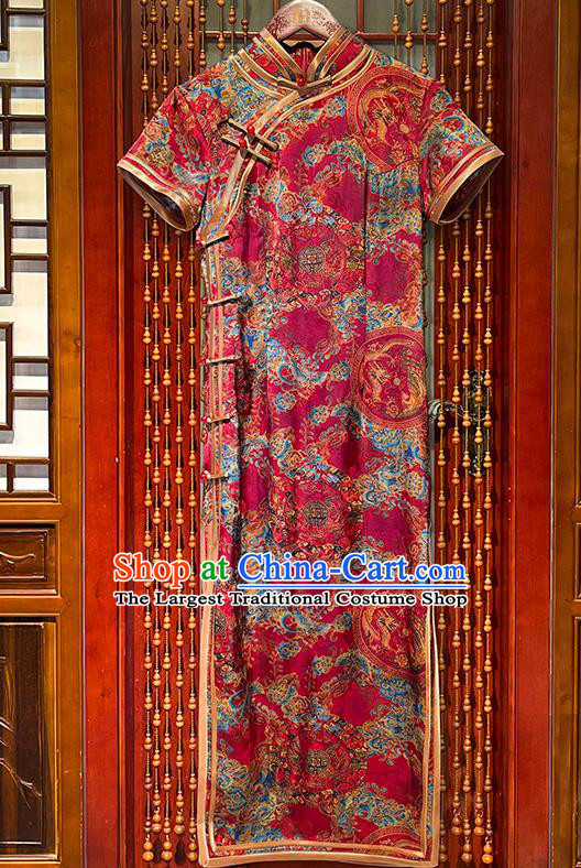 Chinese National Woman Clothing Traditional Printing Dragon Phoenix Rosy Cheongsam Stand Collar Qipao Dress Clothing
