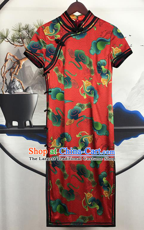 Chinese Traditional Printing Clouds Red Silk Cheongsam Stand Collar Short Qipao Dress Classical Wedding Clothing