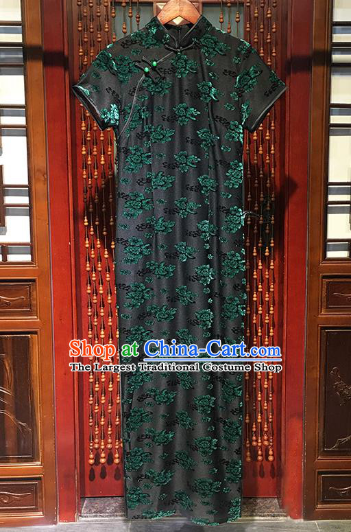 China National Printing Green Flowers Qipao Dress Classical Mother Clothing Traditional Elderly Woman Cheongsam