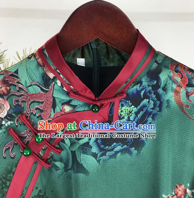 China National Green Satin Qipao Dress Classical Dance Clothing Traditional Stage Performance Cheongsam
