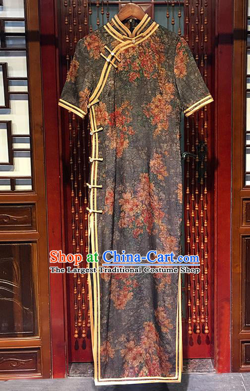 China Traditional Stand Collar Cheongsam National Printing Peach Blossom Grey Silk Qipao Dress