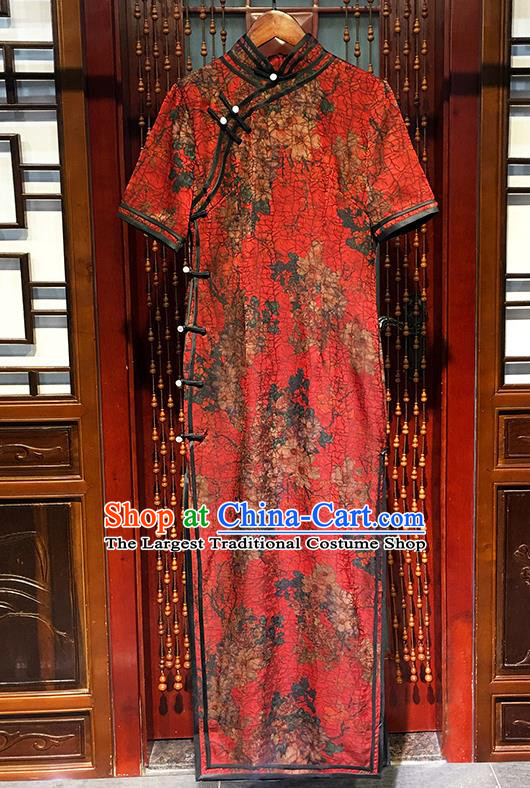 China National Printing Peach Blossom Red Silk Qipao Dress Bride Clothing Traditional Stand Collar Cheongsam