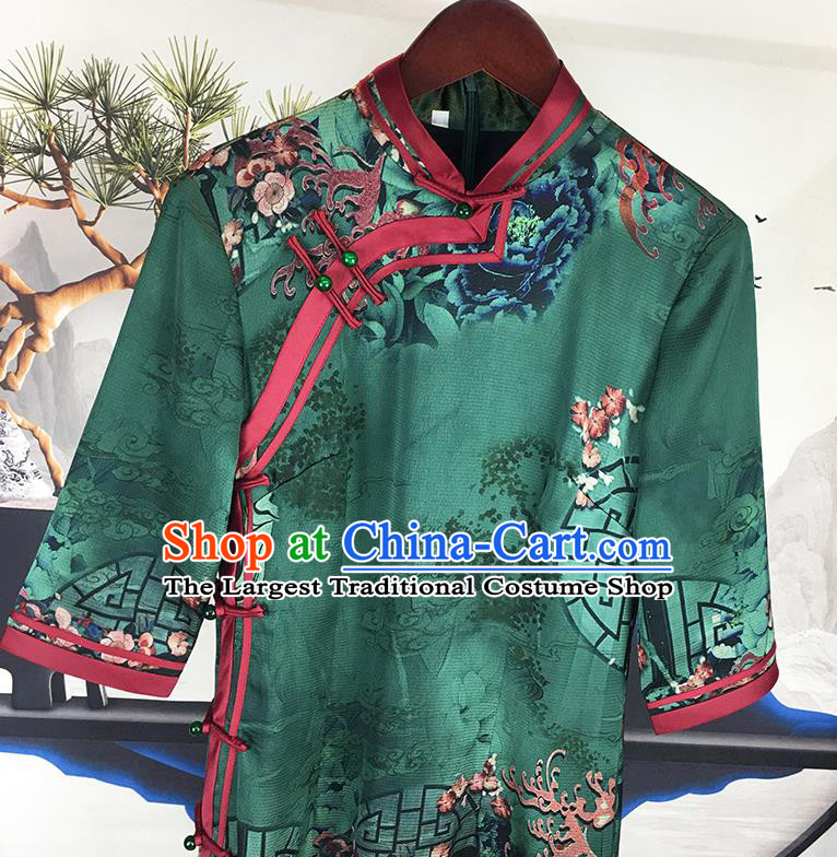 China National Green Satin Qipao Dress Classical Dance Clothing Traditional Stage Performance Cheongsam
