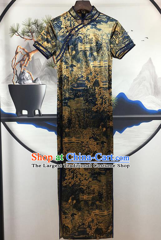 China Traditional Retro Cheongsam National Printing Navy Silk Qipao Dress Shanghai Young Lady Clothing