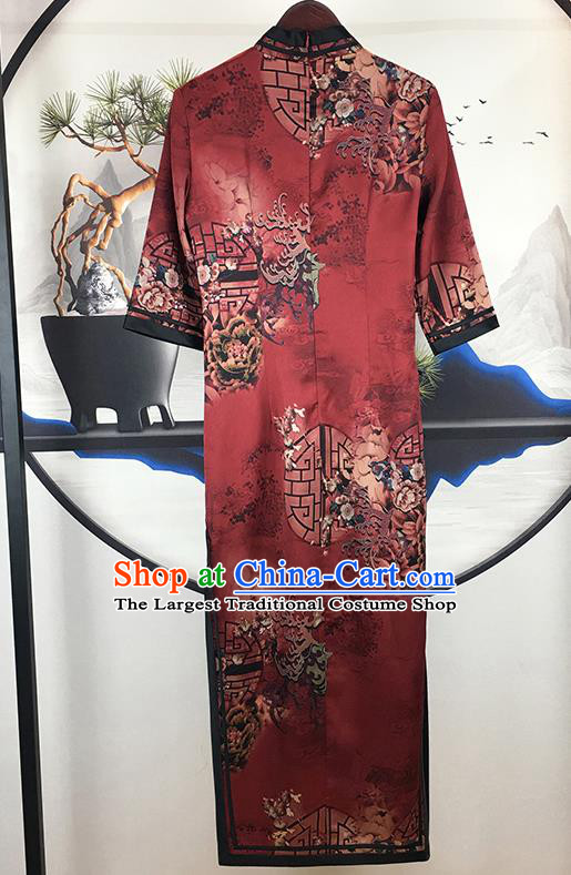 China Classical Dance Clothing Traditional Stage Performance Cheongsam National Dark Red Satin Qipao Dress