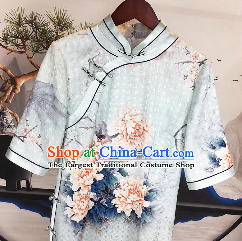 China Traditional Cultural Dance Cheongsam Shanghai Young Lady Clothing National Printing Peony Blue Silk Qipao Dress