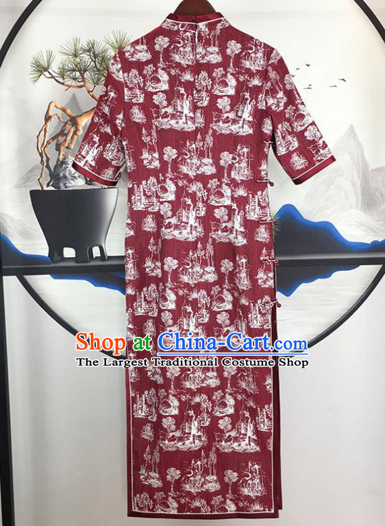 China Stage Show Clothing National Qipao Dress Traditional Dark Red Short Cheongsam