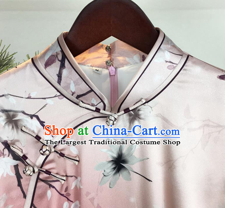 China National Pink Silk Qipao Dress Classical Dance Clothing Traditional Printing Short Cheongsam