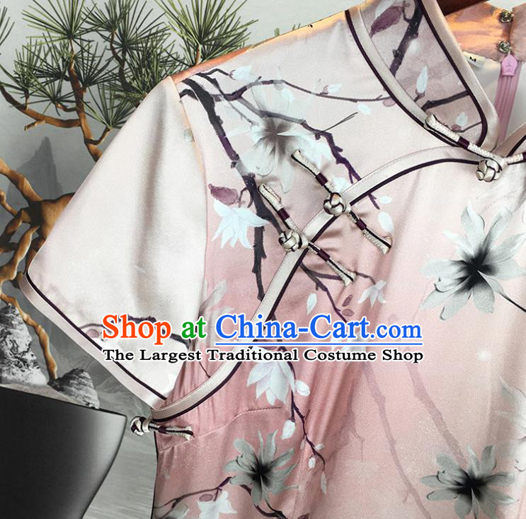 China National Pink Silk Qipao Dress Classical Dance Clothing Traditional Printing Short Cheongsam