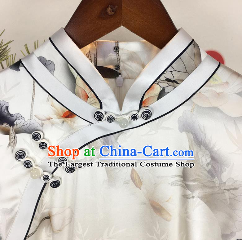 China National Young Woman Clothing Classical White Silk Qipao Dress Traditional Printing Lotus Cheongsam