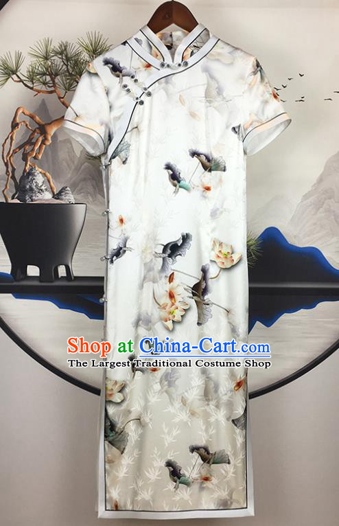 China National Young Woman Clothing Classical White Silk Qipao Dress Traditional Printing Lotus Cheongsam
