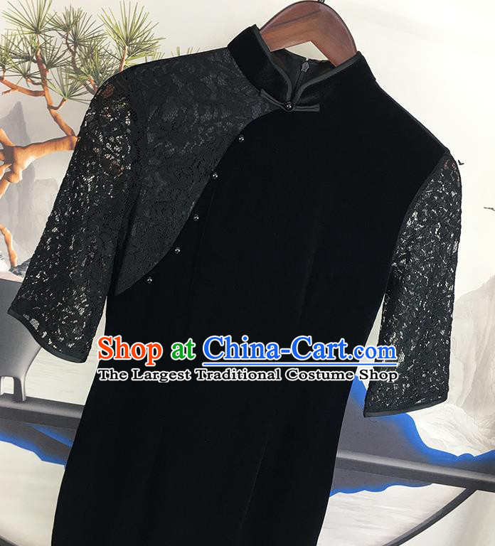 China Traditional Mother Black Velvet Lace Cheongsam National Woman Clothing Modern Catwalks Qipao Dress