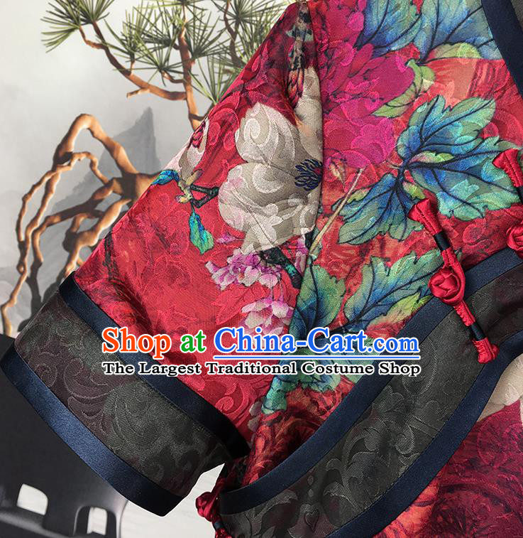 China Traditional Red Gambiered Guangdong Gauze Cheongsam National Printing Peony Silk Qipao Dress Clothing