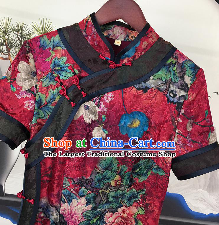 China Traditional Red Gambiered Guangdong Gauze Cheongsam National Printing Peony Silk Qipao Dress Clothing