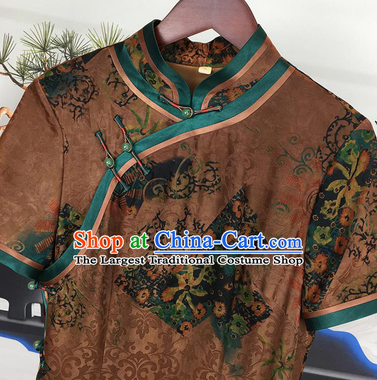 China National Printing Brown Silk Qipao Dress Clothing Traditional Slant Opening Cheongsam