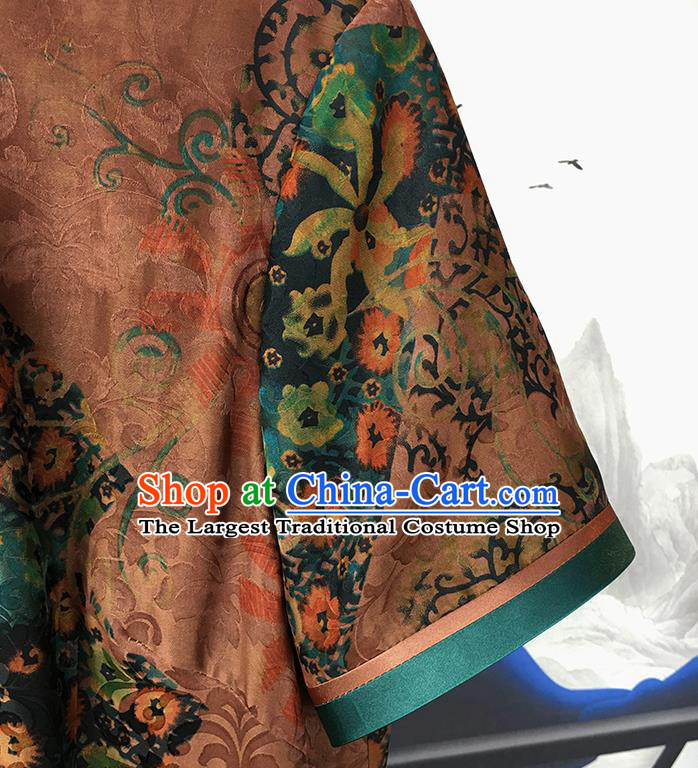 China National Printing Brown Silk Qipao Dress Clothing Traditional Slant Opening Cheongsam