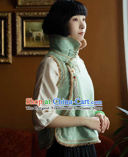 Chinese National Stand Collar Lambswool Waistcoat Traditional Light Green Silk Vest Costume
