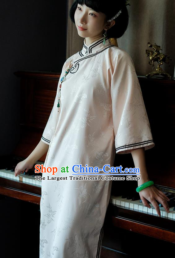 China National Light Pink Silk Qipao Dress Clothing Traditional Young Lady Wide Sleeve Cheongsam