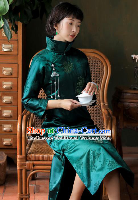 China National Deep Green Silk Qipao Dress Clothing Traditional Young Lady Stand Collar Cheongsam