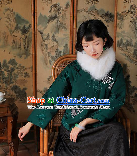 China National Woman Green Silk Cotton Wadded Jacket Tang Suit Outer Garment Traditional Overcoat Costume