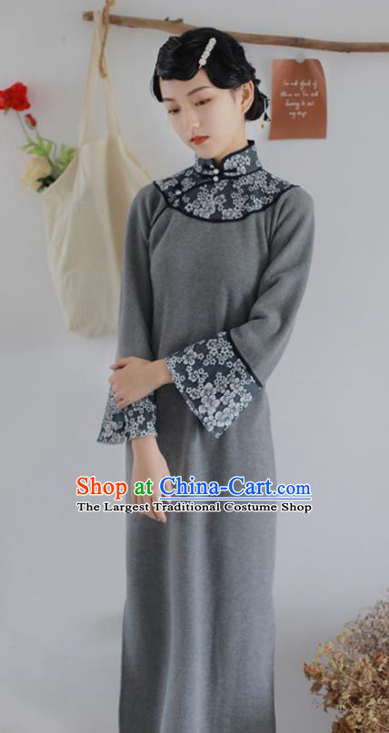 China National Knitting Grey Qipao Dress Clothing Traditional Young Lady Wide Sleeve Cheongsam