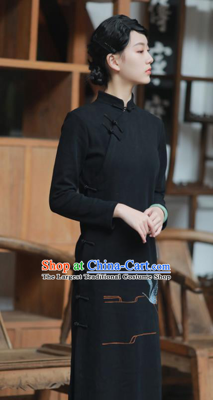 China National Printing Crane Qipao Dress Clothing Traditional Young Lady Slant Opening Black Cheongsam