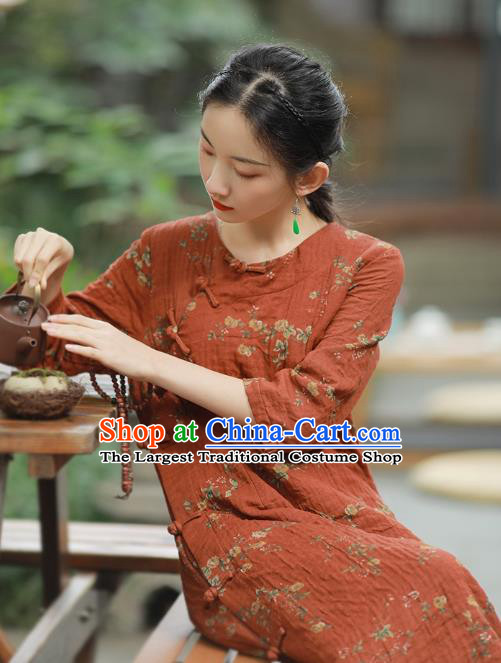 China National Printing Red Flax Qipao Dress Clothing Traditional Young Lady Slant Opening Cheongsam