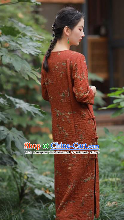 China National Printing Red Flax Qipao Dress Clothing Traditional Young Lady Slant Opening Cheongsam