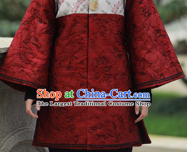 China National Woman Cotton Wadded Jacket Tang Suit Outer Garment Traditional Red Brocade Overcoat Costume
