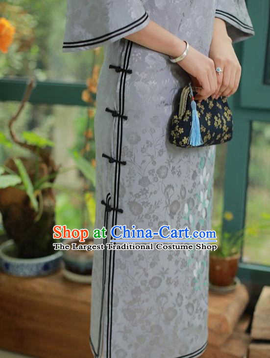 China National Mother Blue Silk Qipao Dress Clothing Traditional Mandarin Sleeve Cheongsam