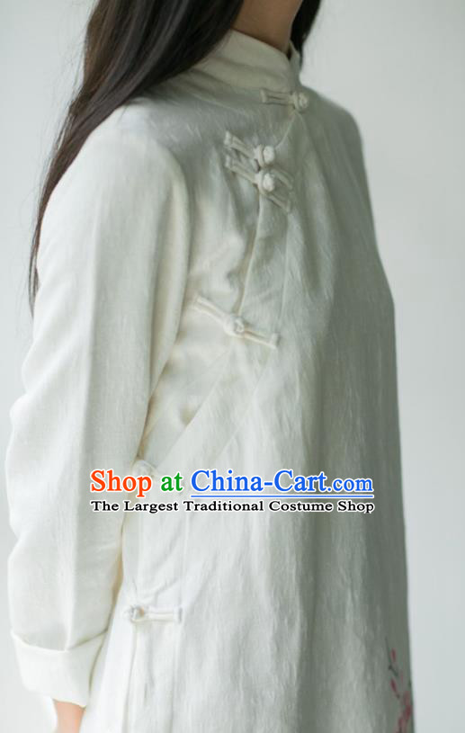 China National Young Lady Qipao Dress Clothing Traditional Ink Painting Plum Bamboo White Flax Cheongsam