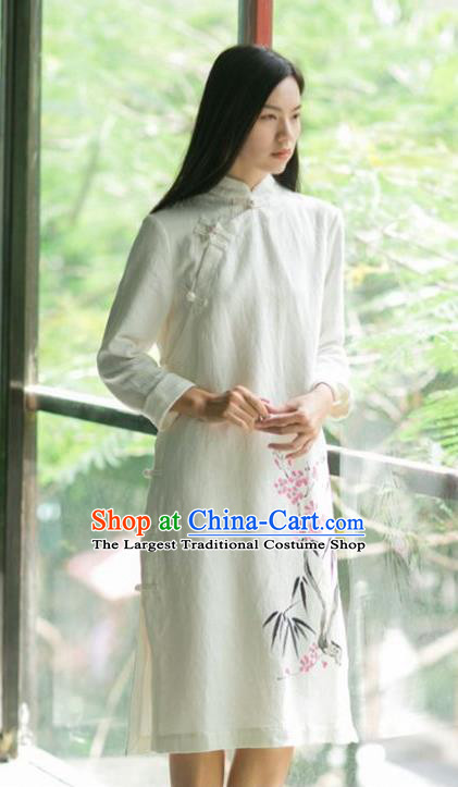 China National Young Lady Qipao Dress Clothing Traditional Ink Painting Plum Bamboo White Flax Cheongsam
