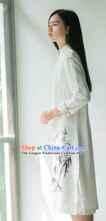 China National Young Lady Qipao Dress Clothing Traditional Ink Painting Plum Bamboo White Flax Cheongsam
