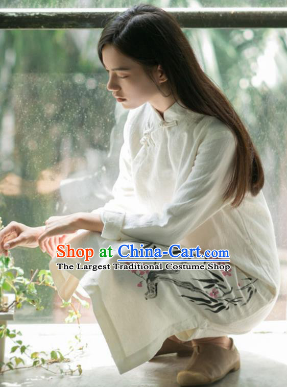 China National Young Lady Qipao Dress Clothing Traditional Ink Painting Plum Bamboo White Flax Cheongsam