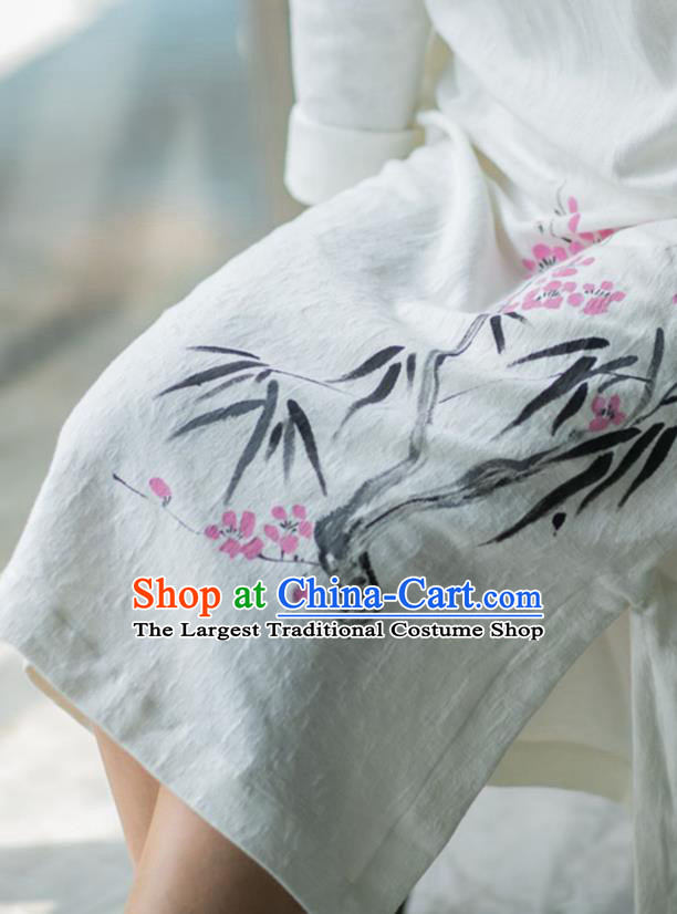 China National Young Lady Qipao Dress Clothing Traditional Ink Painting Plum Bamboo White Flax Cheongsam