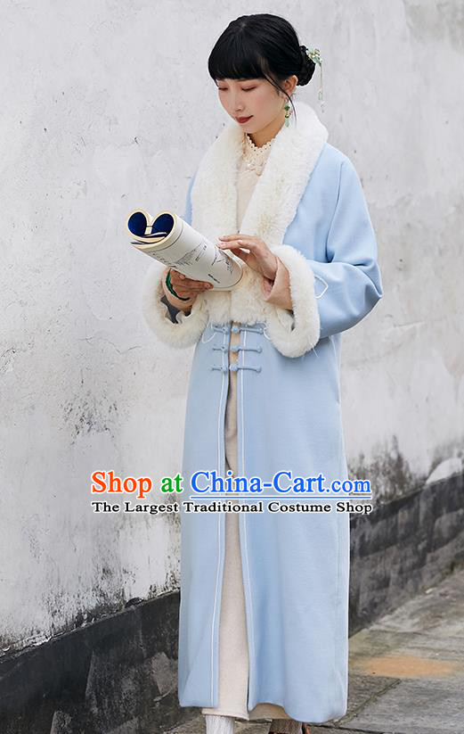 China Traditional Tang Suit Outer Garment National Woman Blue Woolen Dust Coat