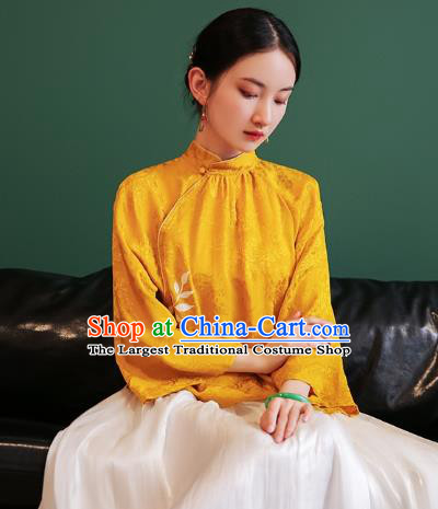 China Tang Suit Golden Silk Shirt Traditional Costume National Woman Stand Collar Blouse