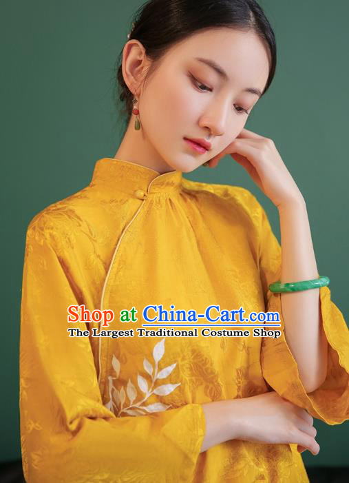 China Tang Suit Golden Silk Shirt Traditional Costume National Woman Stand Collar Blouse