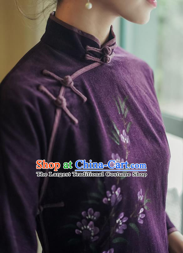 China National Hand Painting Purple Corduroy Qipao Dress Clothing Traditional Mother Cheongsam