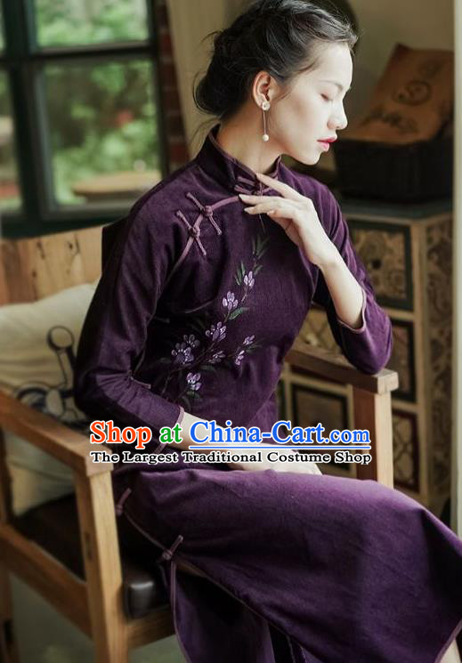 China National Hand Painting Purple Corduroy Qipao Dress Clothing Traditional Mother Cheongsam