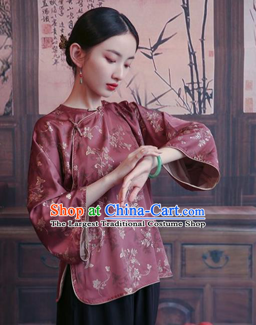 China Tang Suit Wide Sleeve Shirt Traditional Costume National Woman Wine Red Brocade Blouse