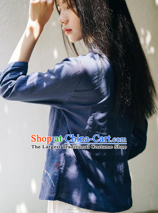 China Tang Suit Hand Painting Lotus Shirt Traditional Costume National Woman Navy Ramie Blouse
