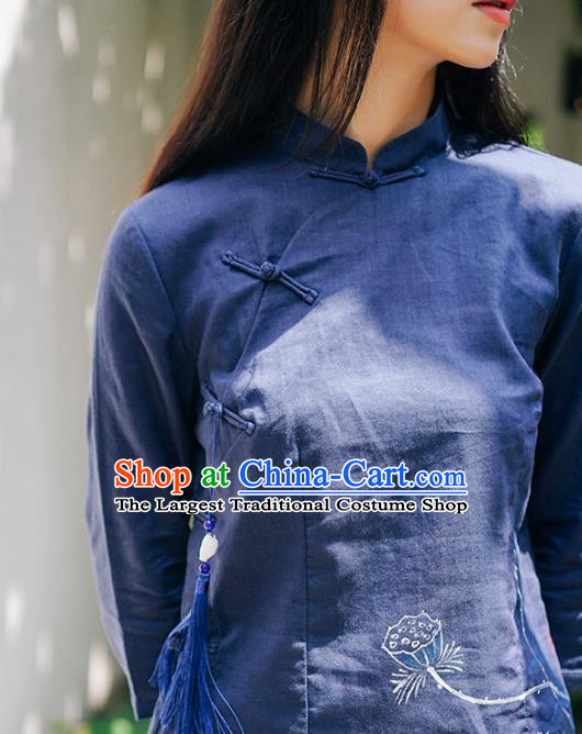 China Tang Suit Hand Painting Lotus Shirt Traditional Costume National Woman Navy Ramie Blouse