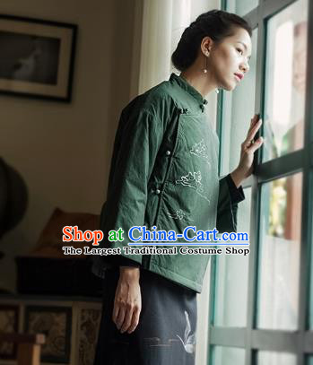 China Tang Suit Coat Traditional Winter Costume National Woman Green Ramie Cotton Wadded Jacket