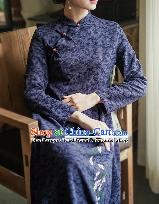 China National Young Woman Qipao Dress Clothing Traditional Hand Painting Navy Blue Flax Cheongsam