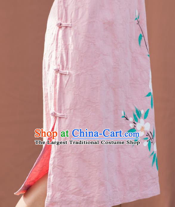 China National Young Woman Pink Flax Qipao Dress Clothing Traditional Hand Painting Peach Blossom Cheongsam