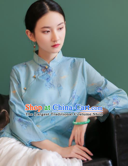 China Tang Suit Light Blue Shirt Traditional Printing Costume National Woman Slant Opening Blouse